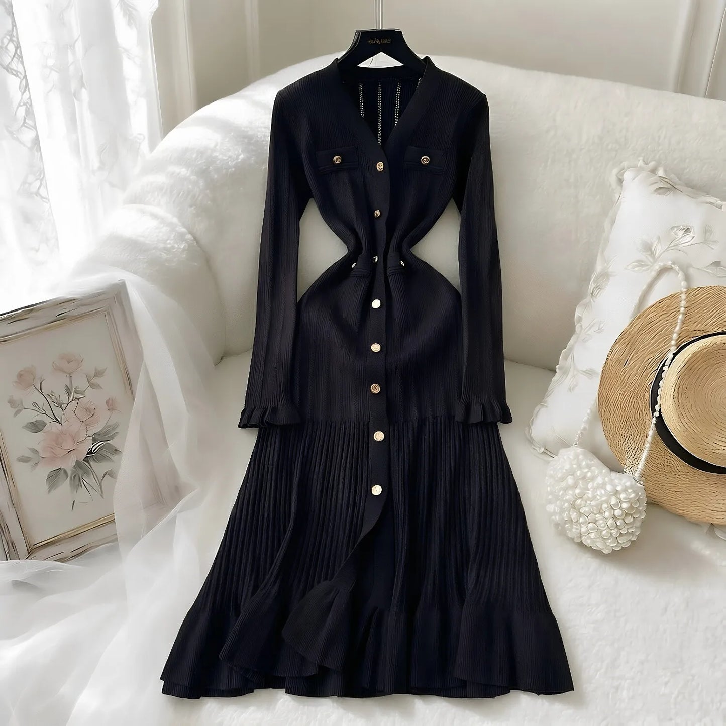 YuooMuoo Brand Fashion Vintage Knitted Long Dress Spring Summer Women Elegant V-neck Ruffled Bodycon Sweater Dress Party Vestido