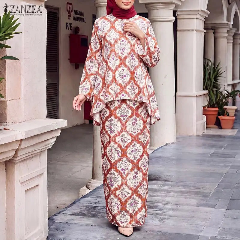 ZANZEA Women Bohemain Long Sleeve Blouse Dress Sets Fashion Muslim 2 Piece Sets Floral Printed Outfits Dubai Hijab Tracksuit