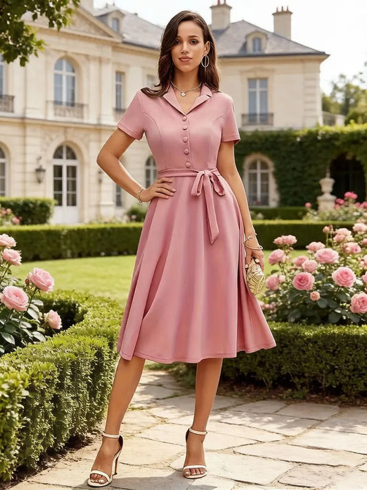 Women Summer Casual Short Sleeve Shirt Dress Pink Vintage Button Down Midi Dress with Belt Tie A Line Flare Dress Office Work