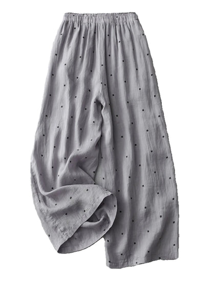 Casual Cotton Linen Pants Women Summer Style Elastic Waist Artistic Polka Dot Print Nine Point Pants Loose Fit Commute Style