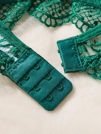 Sexy Dark Green Floral Lace Lingerie Set Sheer Mesh Longline Underwire Bra Adjustable Panty See Through Underwear