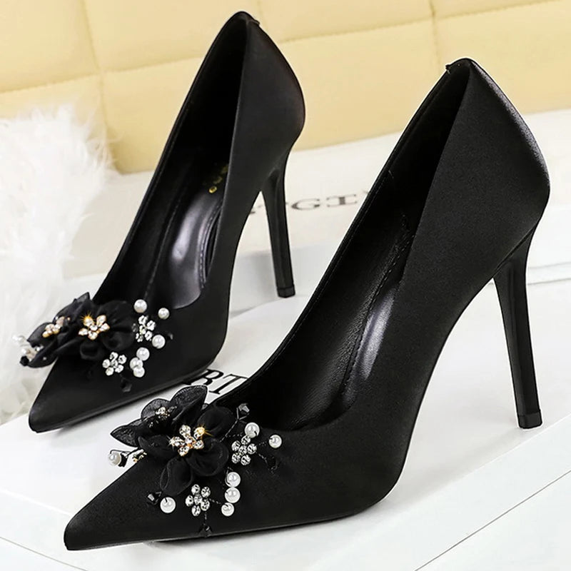BIGTREE Shoes Flower Bead Design Women Pumps Silks Satins High Heels Luxury Banquet Shoes Stiletto Heels 10 Cm Ladies Shoes 2026