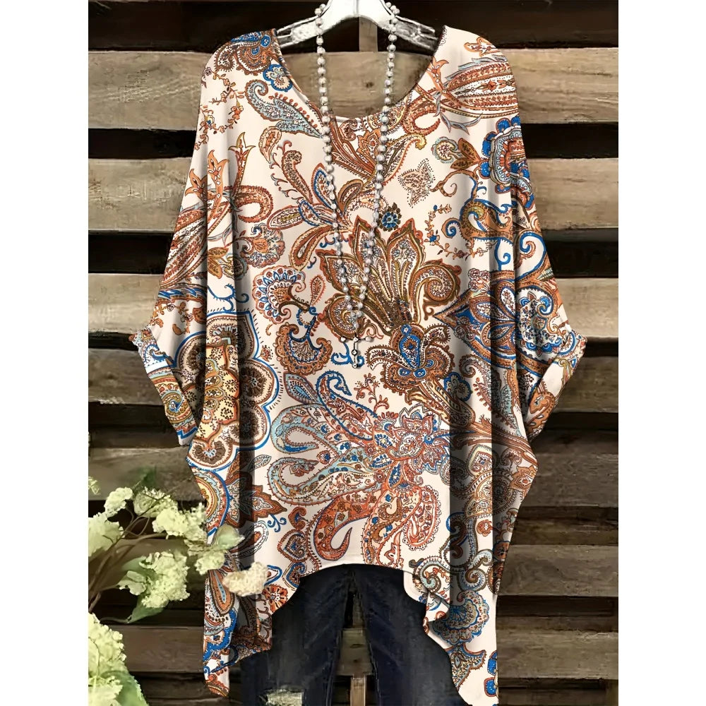 Bohemian Floral Tunic Plus Size Women's Bohemian Floral Print Tunic T-Shirt Short Sleeve Round Neck Casual Top Vibrant 2025