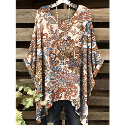 Bohemian Floral Tunic Plus Size Women's Bohemian Floral Print Tunic T-Shirt Short Sleeve Round Neck Casual Top Vibrant 2025