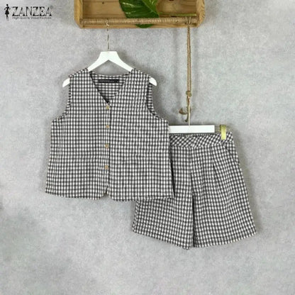 ZANZEA Woman Summer Gingham Short Sets V-Neck Sleeveless Tops & Elastic Waist Shorts 2 Pieces Sets Casual Daily Suits Outfit 3XL