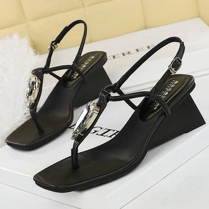 BIGTREE Shoes Women Sandals Rhinestone Design Flip-flops Wedge Heels Women Shoes Square Head Lady Shoes Wedgies Buckle Sandals
