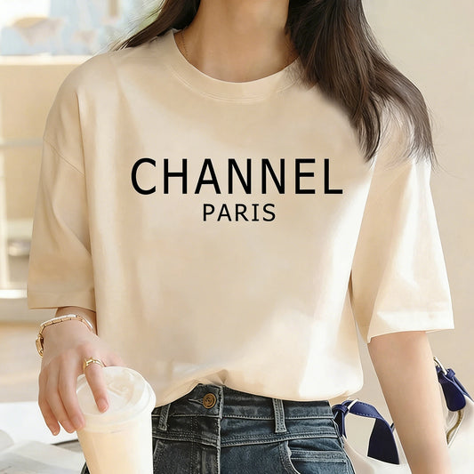 Luxury Brand Machine Washable Womens Casual Elegant Fashion CHANNEL Graphic T-shirt O-Neck Short Sleeve Top Women's Clothing