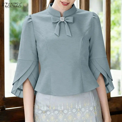 ZANZEA Women's Elegant Bow Tie Blouses Classy 3/4 Petal Sleeves Mandarin Collar Princess Seams Back Zipper Tops Woman Clothes