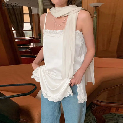 ZANZEA Woman Elegant Spaghetti Straps Satin Tank Top Lace Trim Square Neck Slit Hem Sleeveless Tops Summer Date Night Blouses