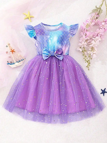 Enchanting Girl Summer Dress - Purple Lotus Leaf Cuff, Mermaid Scale Print and sequin Decoration, Polyester Mesh Skirt