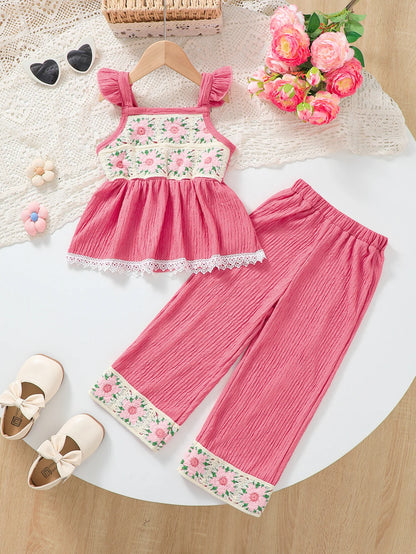 Girls Casual Cute Two-Piece Set with Puff Sleeves Square Collar Ruffle Hem Top And Pants Spring Summer Outfit for Kids