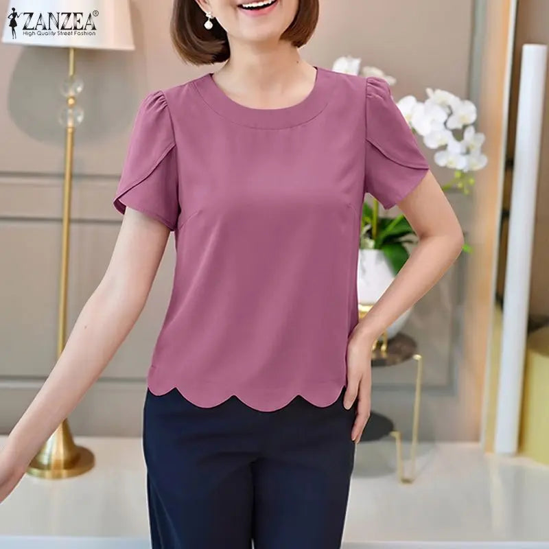 ZANZEA Women Elegant Scalloped Hem Blouses Short Petal Sleeves O-Neck Solid Color Tops Summer Casual Daily Wear Blusas de Mujer