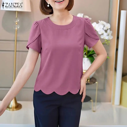 ZANZEA Women Elegant Scalloped Hem Blouses Short Petal Sleeves O-Neck Solid Color Tops Summer Casual Daily Wear Blusas de Mujer