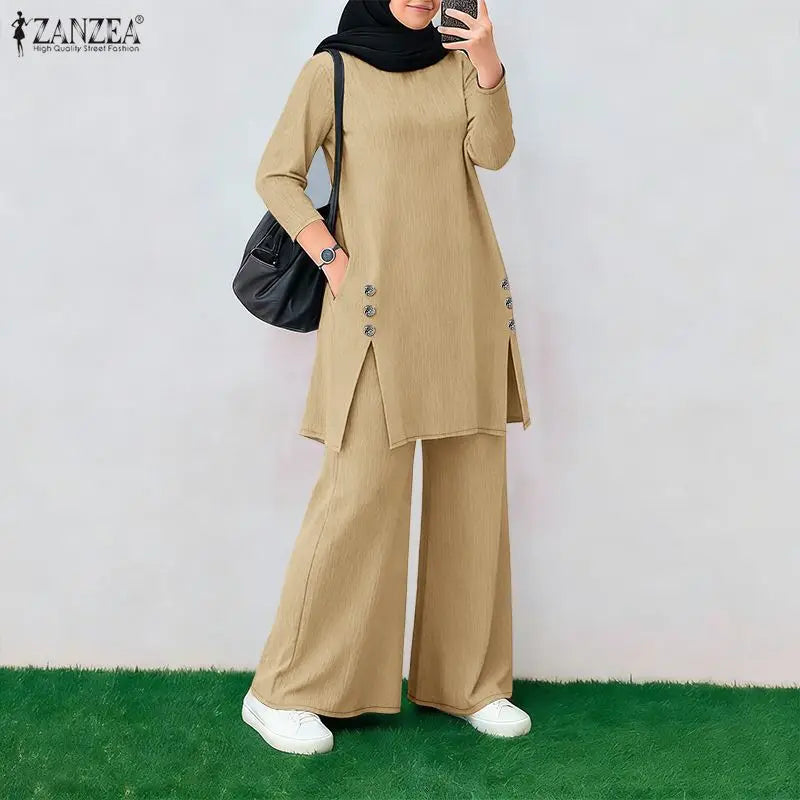 Ramadan Outfit 2026 ZANZEA Fashion Muslim Suit Women 2 Piece Sets Full Sleeve Long Tops Wide Leg Pant Sets Dubai Hijab Tracksuit