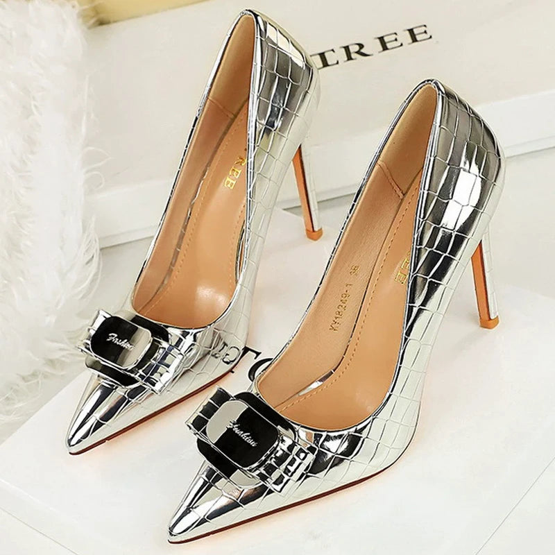 BIGTREE Shoes Metal Buckle Design Women Pumps Patent Leather High Heels 10 Cm Luxury Wedding Shoes Stilettos Sexy Party Shoes