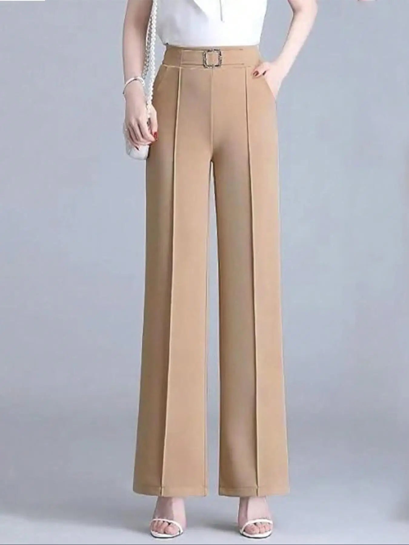Women's Elegant Solid Color Toothpick Striped Design Straight Leg Loose Casual Commuter Pants Palazzo Trousers