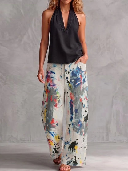Yeezzi Women Colorful Contrast Color Printed Wide Leg Cargo Pants High Waist Multi Pockets Straight Casual Streetwear Trousers