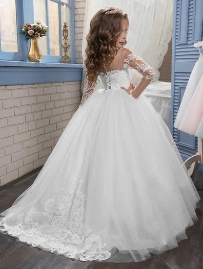 Lace Embroidery Transparent Long Sleeved Children's Flower Girl Wedding Party Graduation Ceremony Princess Floor Mopping Dress