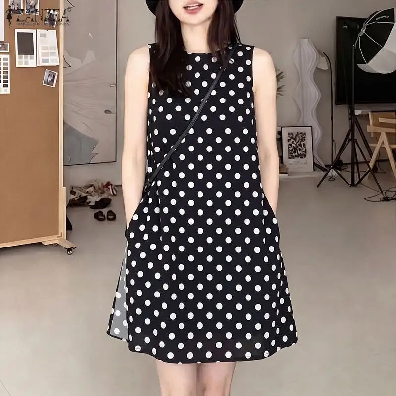 ZANZEA Women Summer Fashion Long Tank Tops Polka Dots O-Neck Sleeveless Side Slit Knee-Length Tops Casual Everyday Wear Tanks