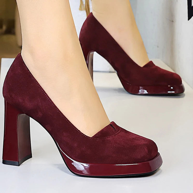 BIGTREE shoes 9 cm Chunky Block Heels Women Pumps Retro High Heels Square Headed Platform High Heels Suede Ladies Shoes 3 Colour