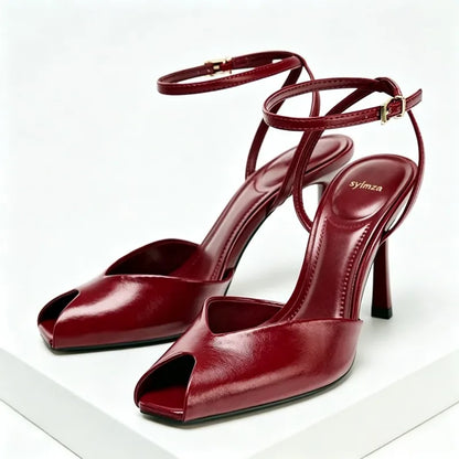 Red Soft Leather PU Ankle Strap Heeled Sandals Women Sexy Peep Toe High Heels Elegant Wedding Bridal Shoes Sandalias De Mujer