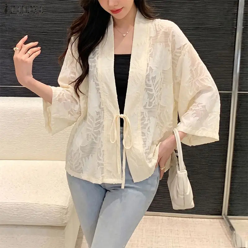 ZANZEA Woman Textured Floral Clip-Dot Cardigans V-Neck Long Sleeves Lace-Up Open Front Kimonos Summer Vacation Beach Cover-Up