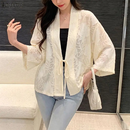 ZANZEA Woman Textured Floral Clip-Dot Cardigans V-Neck Long Sleeves Lace-Up Open Front Kimonos Summer Vacation Beach Cover-Up