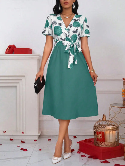 Women's Floral Print V-Neck Tie Waist Midi Dress - Rose Patchwork A-Line Short Sleeve Dress for Casual, Vacation & Wedding Guest