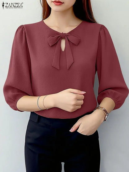 ZANZEA Elegant Bow Detailed Women Blouses Autumn 2025 Keyhole Neck 3/4 Puff Sleeve Crinkled Solid Color Tops Fashion Woman Cloth