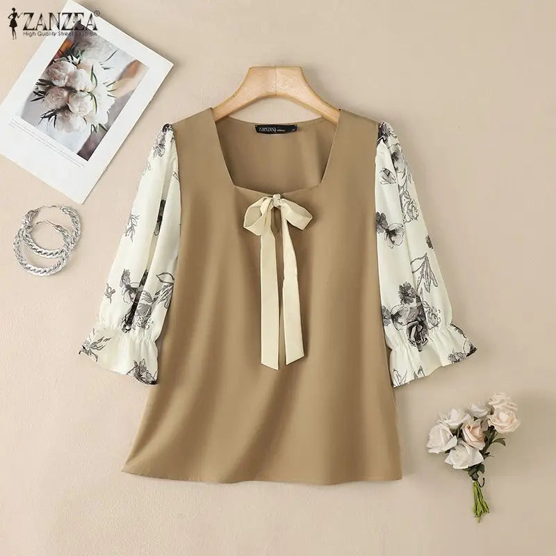 ZANZEA Woman Elegant Bow Detail Blouses Square Neck Floral Printed 3/4 Sleeves Contrast-Color Tops Spring Summer Blusas de Mujer