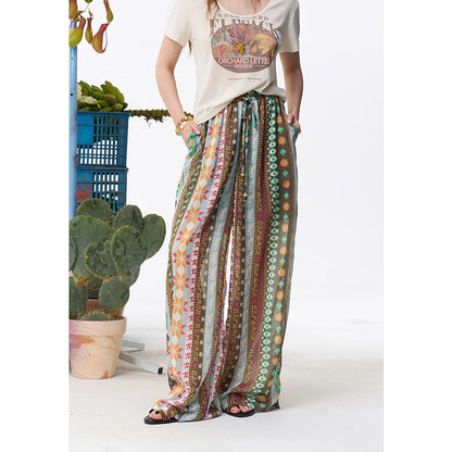 ELFSACK Women's Full Printed Wide Leg Pants with Elastic Waist, Cartoon Fruit Floral Print Loose Trousers for Daily