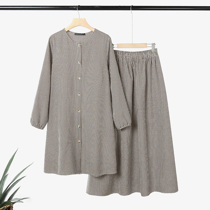 2026 ZANZEA Muslim 2 Pieces Sets Long Shirt Dress Suit Hijab Tracksuit Oversize Plaid Outfit Women Long Sleeve Tops Kaftan Skirt