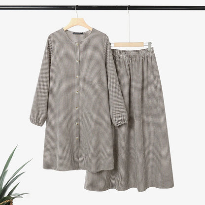2026 ZANZEA Muslim 2 Pieces Sets Long Shirt Dress Suit Hijab Tracksuit Oversize Plaid Outfit Women Long Sleeve Tops Kaftan Skirt