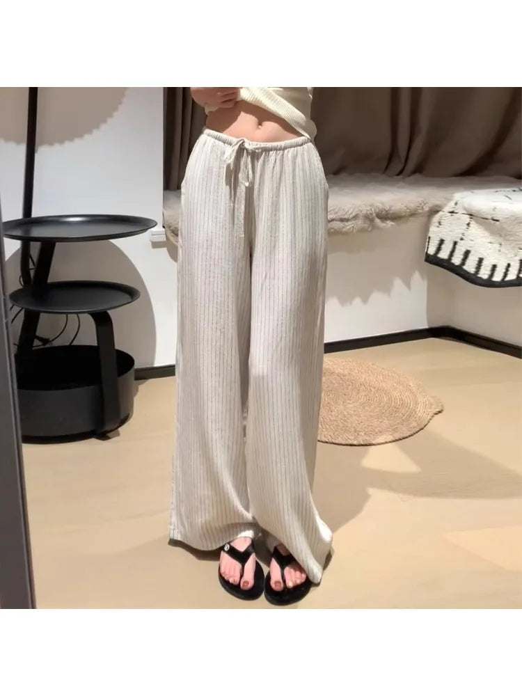 Casual Ice Silk Linen Stripe Wide Leg Pants Women Summer Thin plus Size Loose Drapey Small Cotton Linen Pants High Waist Stra...