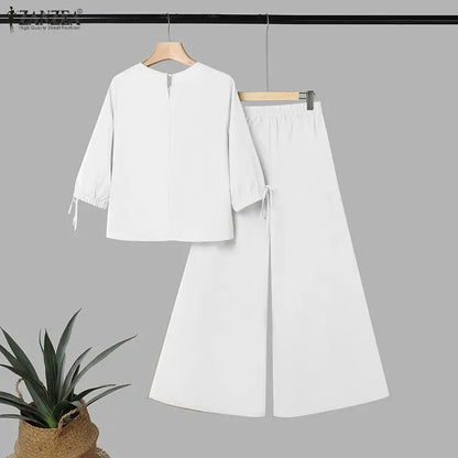 ZANZEA Women Minimalist Pant Sets 3/4 Lantern Sleeve Blouse & Wide Leg Pant Loose 2 Piece Suits Female Commute Work Outfits