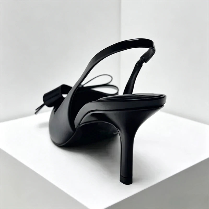 Black Sexy Pointed Toe Thin High Heels Women Fashion Bow Open Toe Heeled Sandals Banquet Dress Shoe Luxury Designer Women Pumps