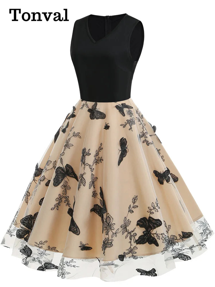 Tonval Black Patchwork Butterfly and Floral Embroidered Mesh Elegant Dresses Women Sleeveless Vintage Style Midi Dress