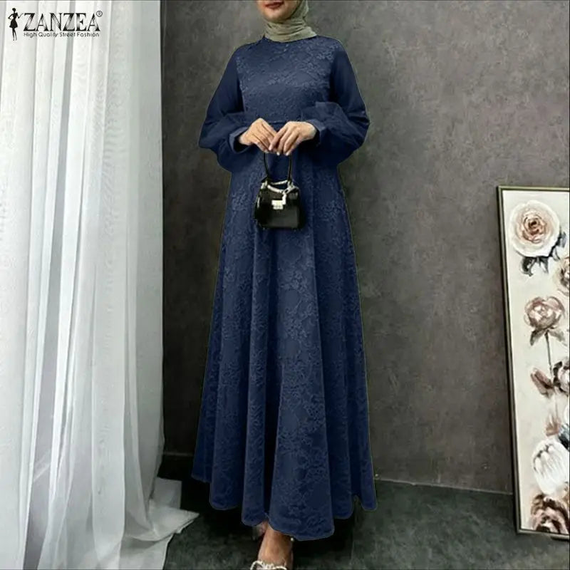 Fashion Muslim Abaya ZANZEA 2026 Spring Lace Patchwork Dresses Women Elegant Party Dress Long Sleeve Mesh Sundress Ramadan Robe
