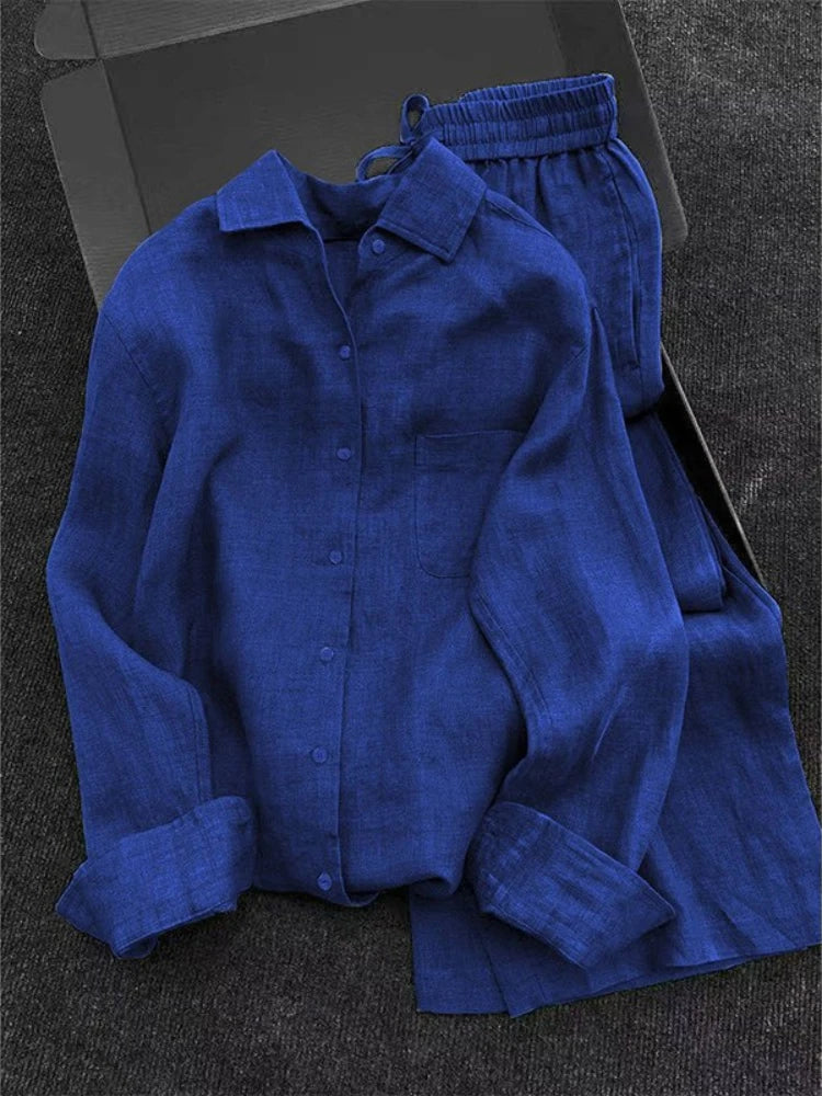 Pants Set Women Two Piece Sets Matching Sets Full Sleeve Shirt Wide Leg Long Pant Elastic Waist Y2k Streetwear Elegant Casual