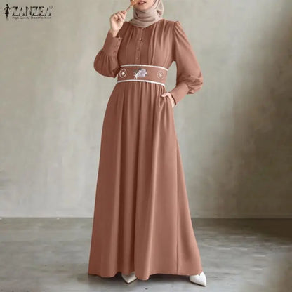 Ramadan Abaya ZANZEA Autumn Embroidered Dresses Muslim Robe Eid Dress IsIamic Clothing Women Long Sleeve Buttons Sundress Kaftan