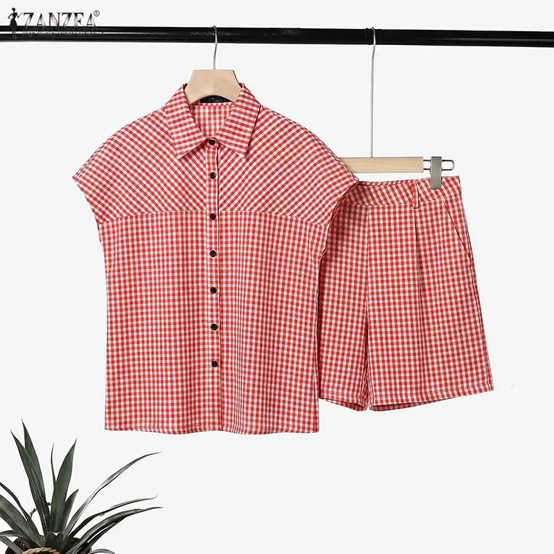 ZANZEA Women Gingham 2 Piece Matching Sets Summer Cap Sleeves Shirts & Elastic Waist Shorts 2pcs Suits Casual Short Sets Outfits