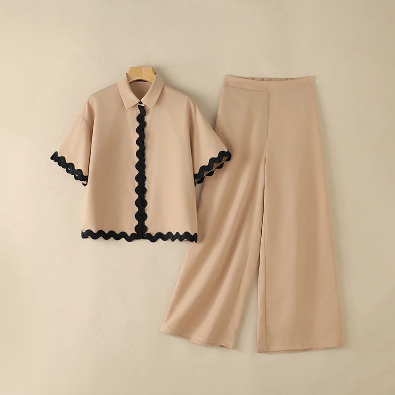 Stylish Women 2 Pieces Sets ZANZEA Summer Lapel Neck Short Sleeve Blouse Trousers Suit Contrast Color Wave Cut Office OL Outfits
