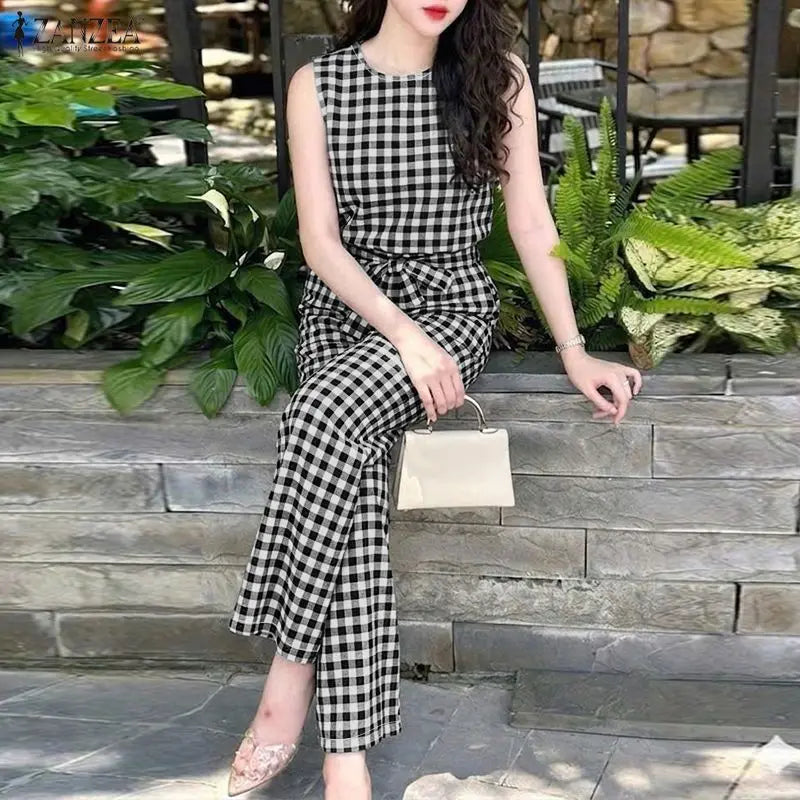 ZANZEA Women Summer Gingham 2 Piece Pant Sets Casual O-Neck Tank Top & Belted Pant Suits Everyday Wear Commute 2pcs Sets Outfits
