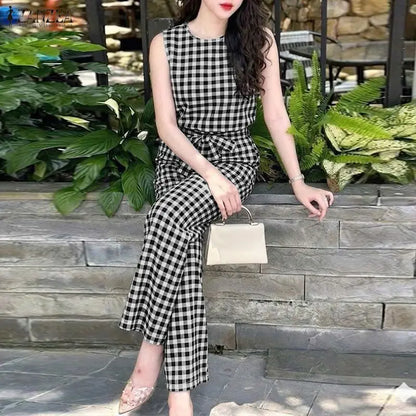 ZANZEA Women Summer Gingham 2 Piece Pant Sets Casual O-Neck Tank Top & Belted Pant Suits Everyday Wear Commute 2pcs Sets Outfits