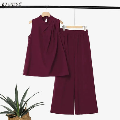 ZANZEA Women Minimalist 2pcs Matching Pant Sets Turtleneck Sleeveless Tops & Wide Leg Pants Suits Summer Commute 2 Piece Outfits