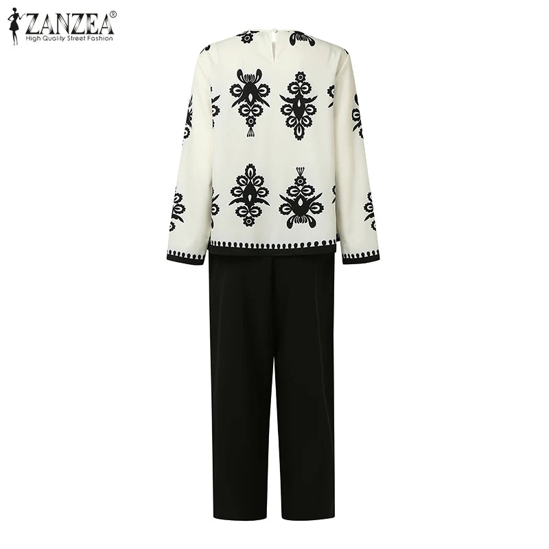 Plus Size Sets ZANZEA 2026 Autumn Women Elegant Pants Sets Vintage Printed Long Sleeve Tops Long Pants Office Lady Suits Casual