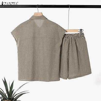 ZANZEA Women Gingham 2 Piece Matching Sets Summer Cap Sleeves Shirts & Elastic Waist Shorts 2pcs Suits Casual Short Sets Outfits