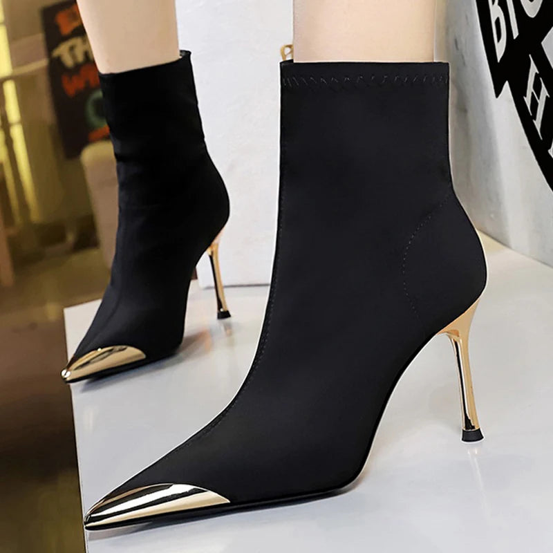 BIGTREE Shoes Metal Pointed Short Boots Women Fashion Elastic Boots Stiletto 8 cm High Heel Boots Ladies Shoes Banquet Shoes