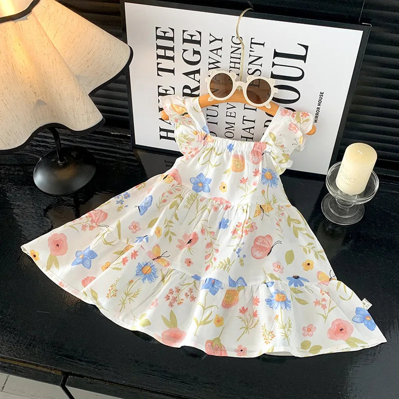 2026 Summer Girls Flutter Sleeve Dress Kids Printed Tiered Princess Dresses for 1-12Y Children Vacation Clothes