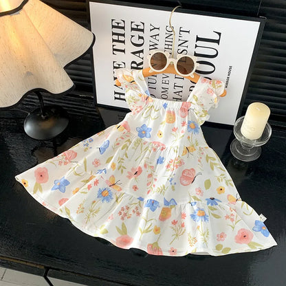 2026 Summer Girls Flutter Sleeve Dress Kids Printed Tiered Princess Dresses for 1-12Y Children Vacation Clothes